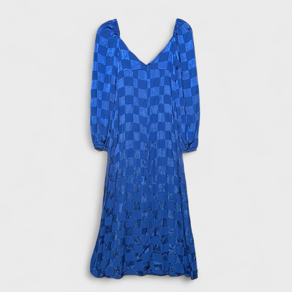 ASOS Tall Satin Blue Checkerboard Jacquard Long Sleeve Dress. Women’s Size 6. - Picture 3 of 9